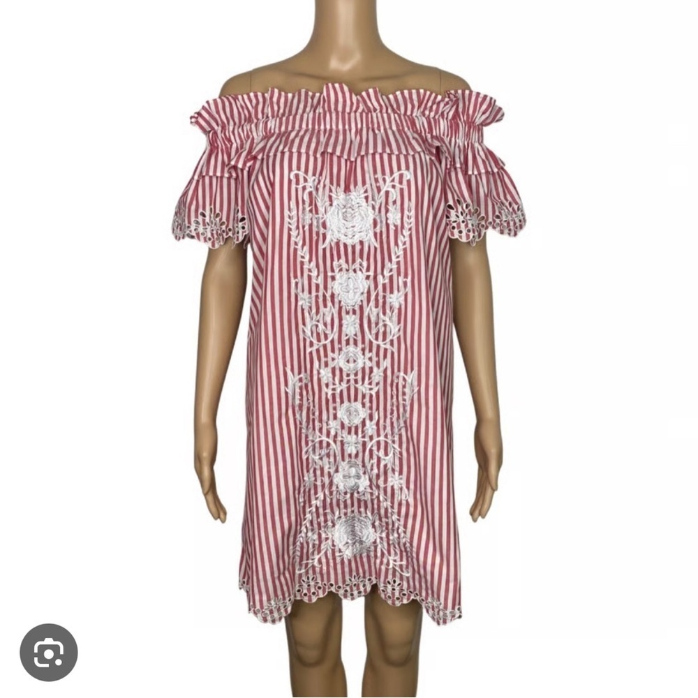 Parker Striped Embroidered Off the Shoulder Dress Size S